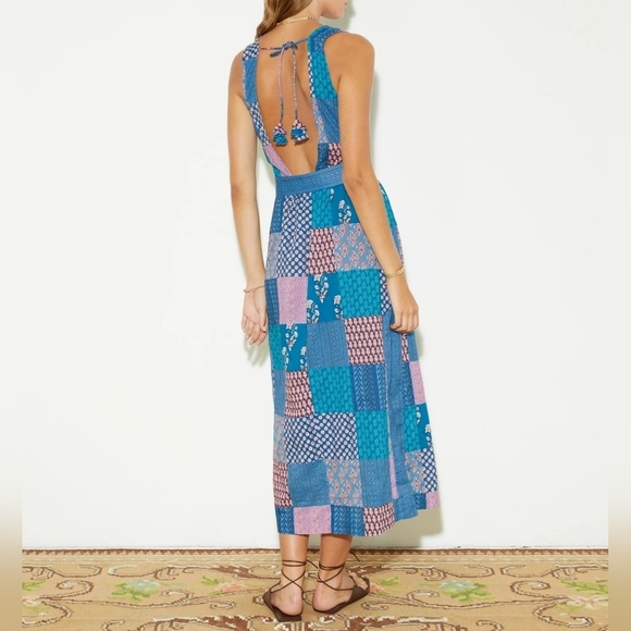 BOTEH Cedella Low-Back 100% Cotton Midi Dress, Patchwork Aquamarine Motif, Sz 4 - Picture 7 of 16